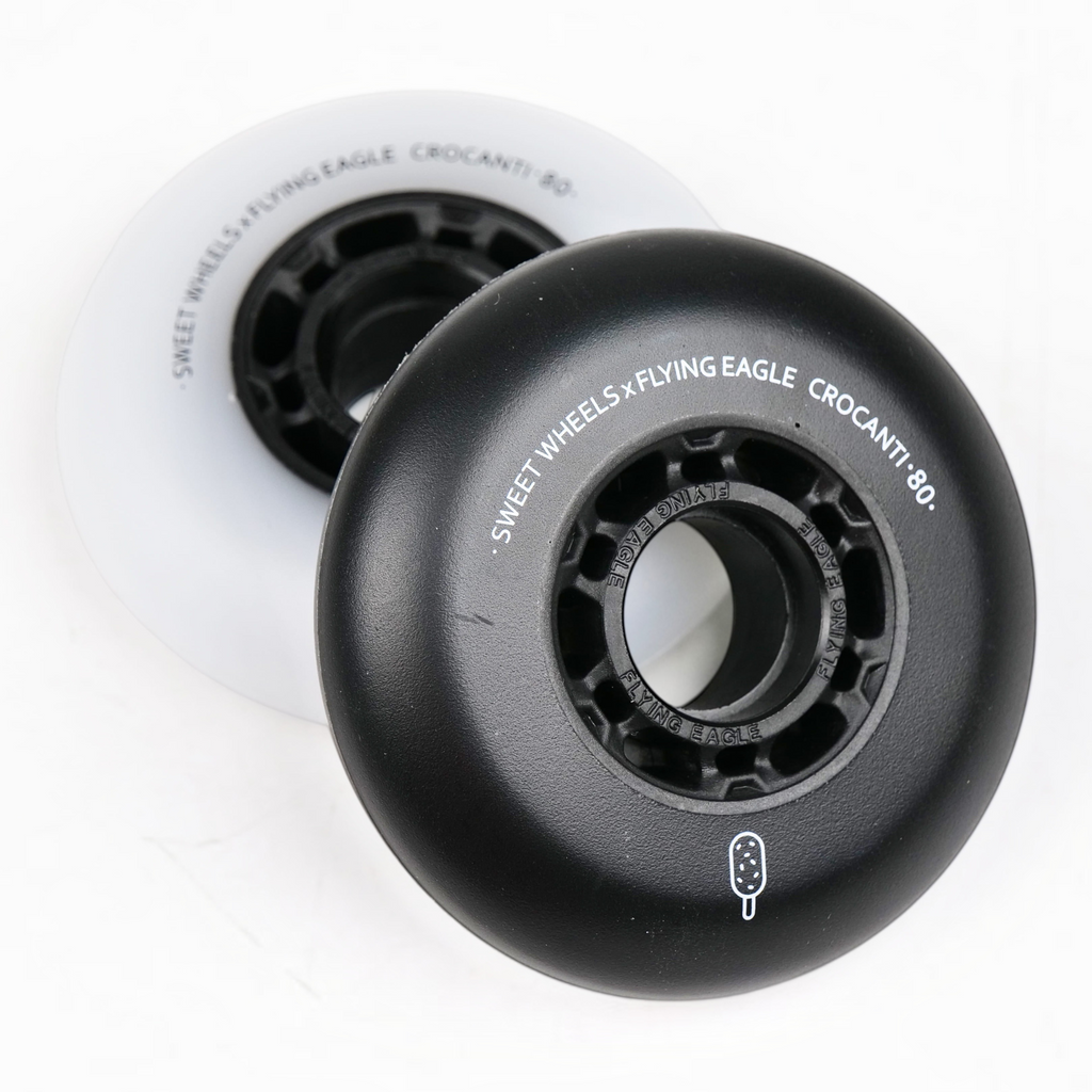 Rodas de patins KonRoller FlyingEagle Crocanti pretas com perfil bullet e acabamento fosco em uretano premium