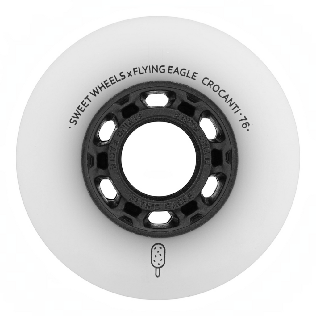 Roda de patins KonRoller FlyingEagle Crocanti branca com núcleo preto, perfil bullet e acabamento fosco
