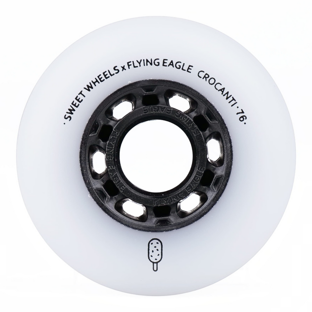 Roda de patins KonRoller FlyingEagle Crocanti branca com núcleo preto e perfil bullet para patinação urbana