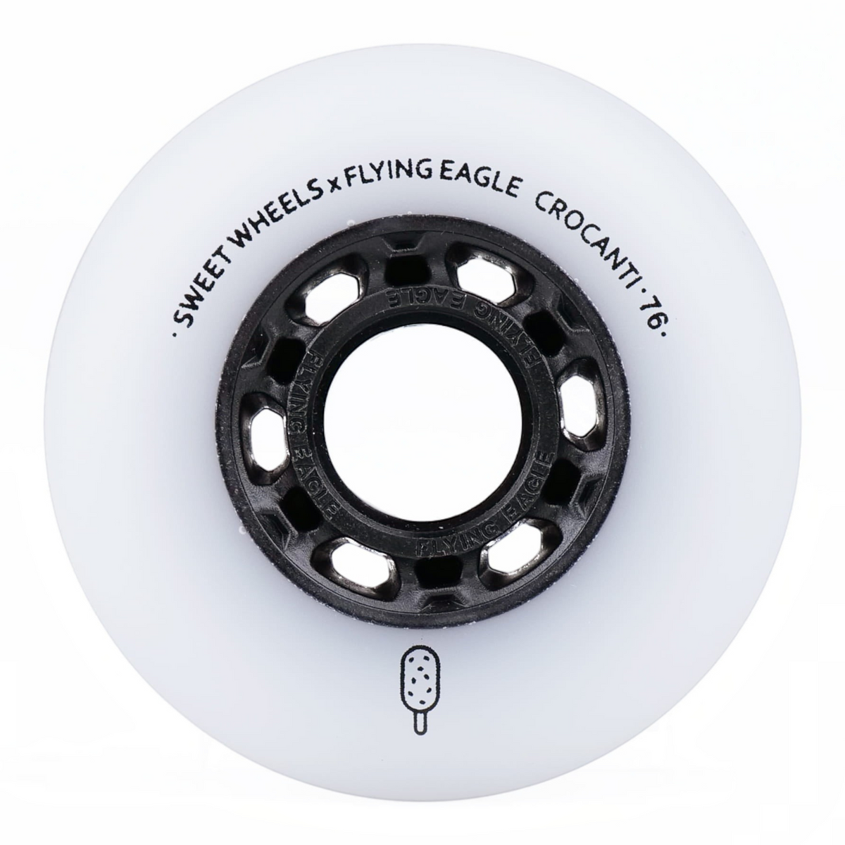 Roda de patins KonRoller FlyingEagle Crocanti branca com núcleo preto e perfil bullet para patinação urbana