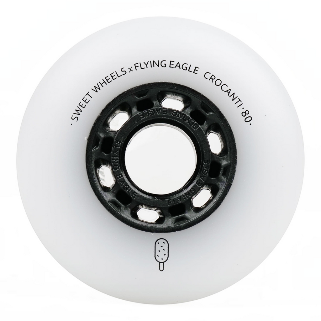 Roda de patins KonRoller FlyingEagle Crocanti branca com núcleo preto e perfil bullet para patinação urbana