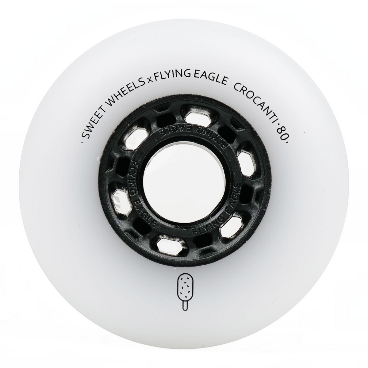 Roda de patins KonRoller FlyingEagle Crocanti branca com núcleo preto e perfil bullet para patinação urbana
