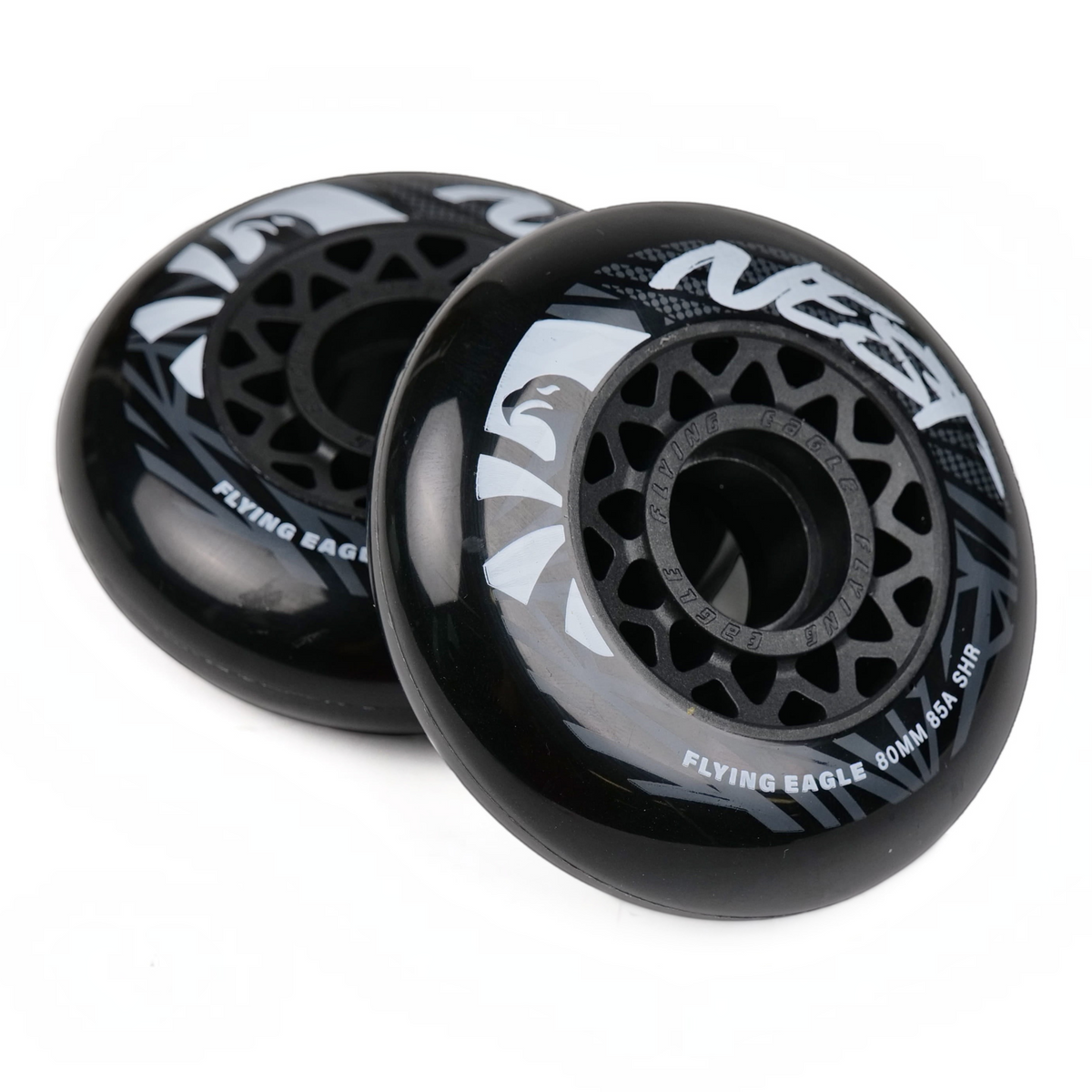 Kit de rodas KonRoller FlyingEagle Nest pretas 85A para patins urban e slalom com design robusto e detalhe em branco