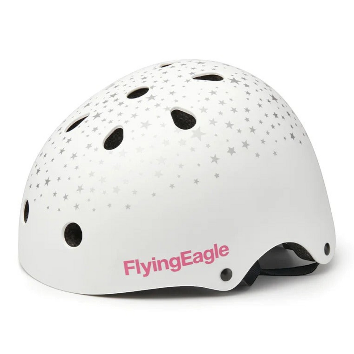 Capacete KonRoller FlyingEagle Urban branco com estampa de estrelas cinzas, design arredondado para patinação urbana.