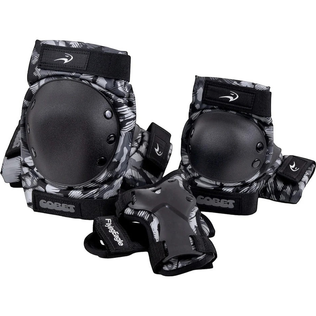 Kit de proteção FlyingEagle Cobet 2026 preto com munhequeiras, cotoveleiras e joelheiras