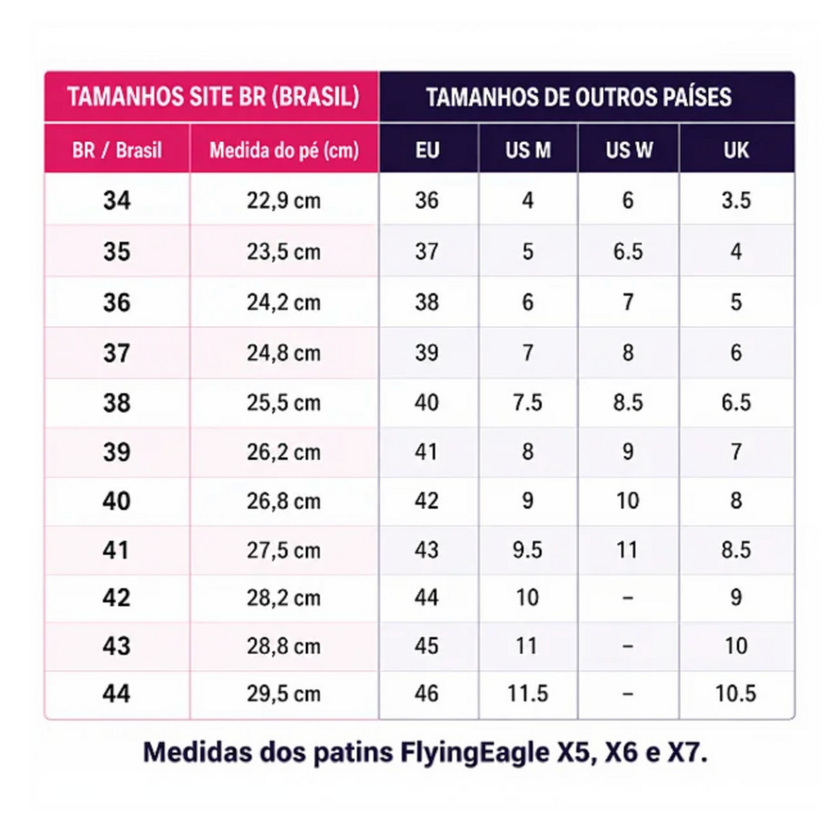 Tabela de medidas do patins FlyingEagle Reaver Pro S7680