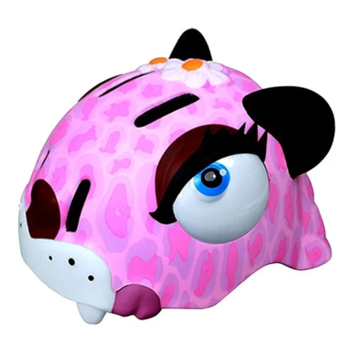 Capacete infantil KonRoller FlyingEagle KT rosa com estampa de leopardo, design divertido e aberturas de ventilação.