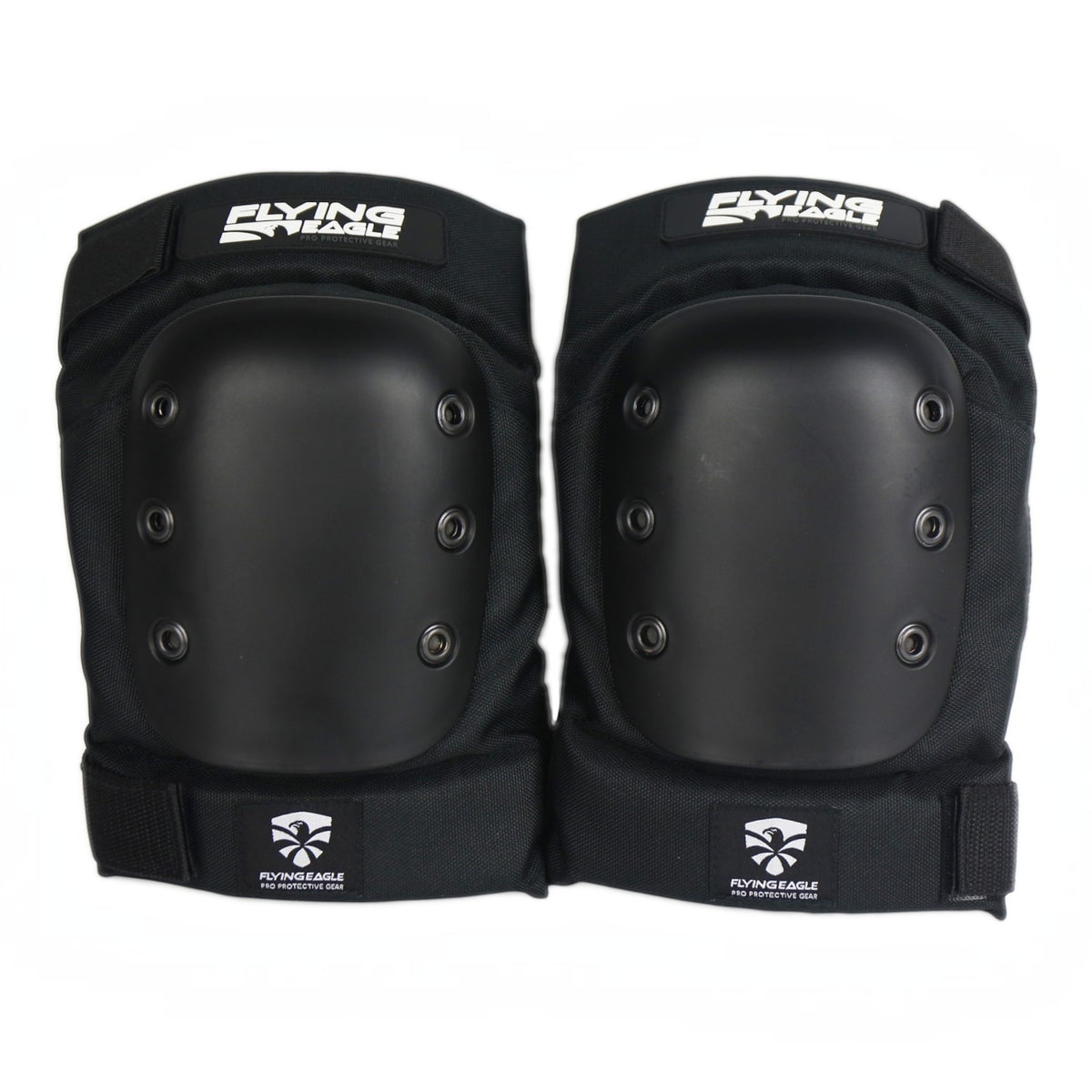 Par de joelheiras pretas KonRoller FlyingEagle Shield Pro com casco rígido e proteção para patinação e skate.