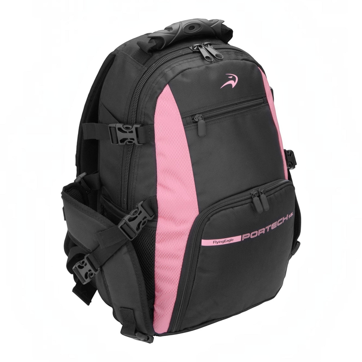 Mochila KonRoller FlyingEagle PORTECH rosa e preta de nylon com compartimento para patins e alças acolchoadas