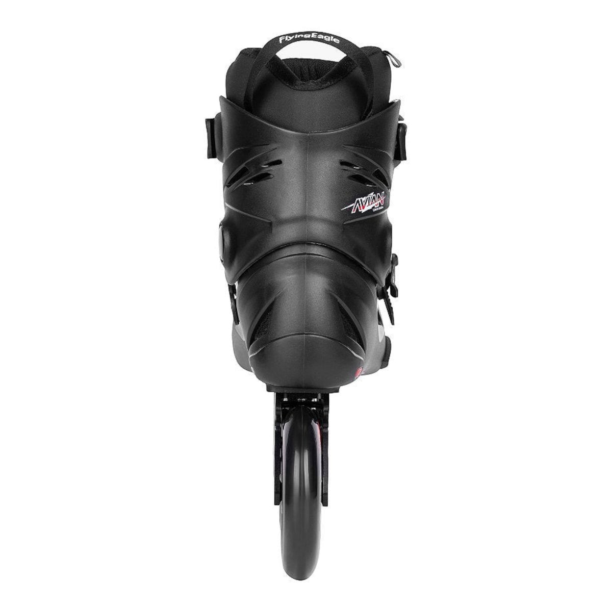 Patins KonRoller FlyingEagle Avian T110 preto com bota hardboot, três rodas de 110mm e base de alumínio, vista traseira.
