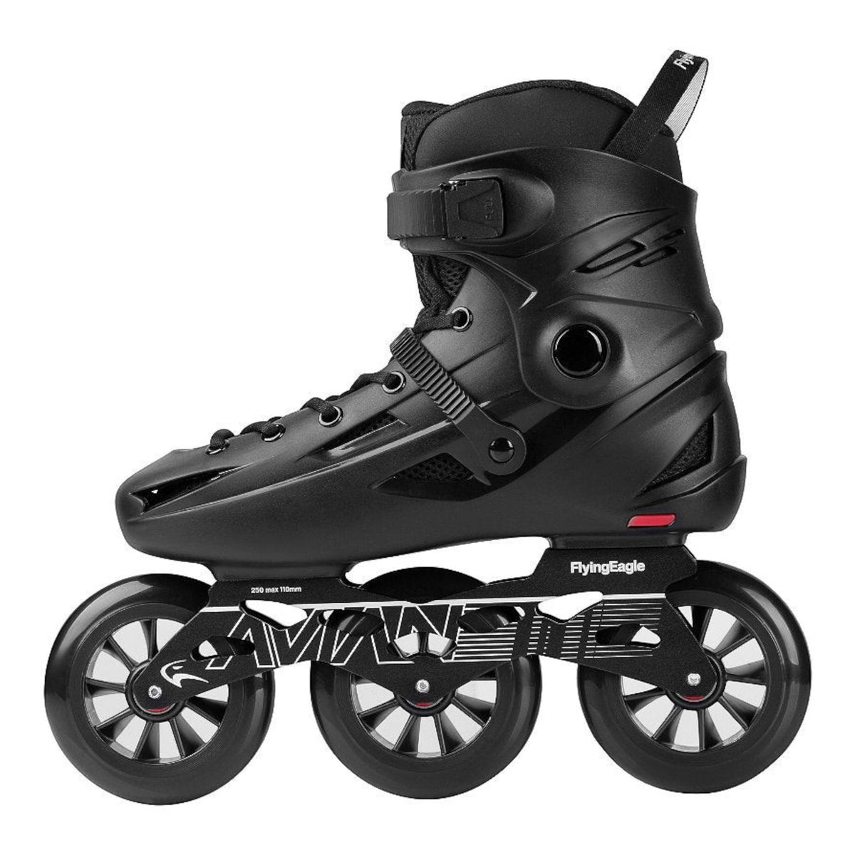 Patins KonRoller FlyingEagle Avian T110 preto com três rodas de 110mm, hardboot resistente e base de alumínio CNC.