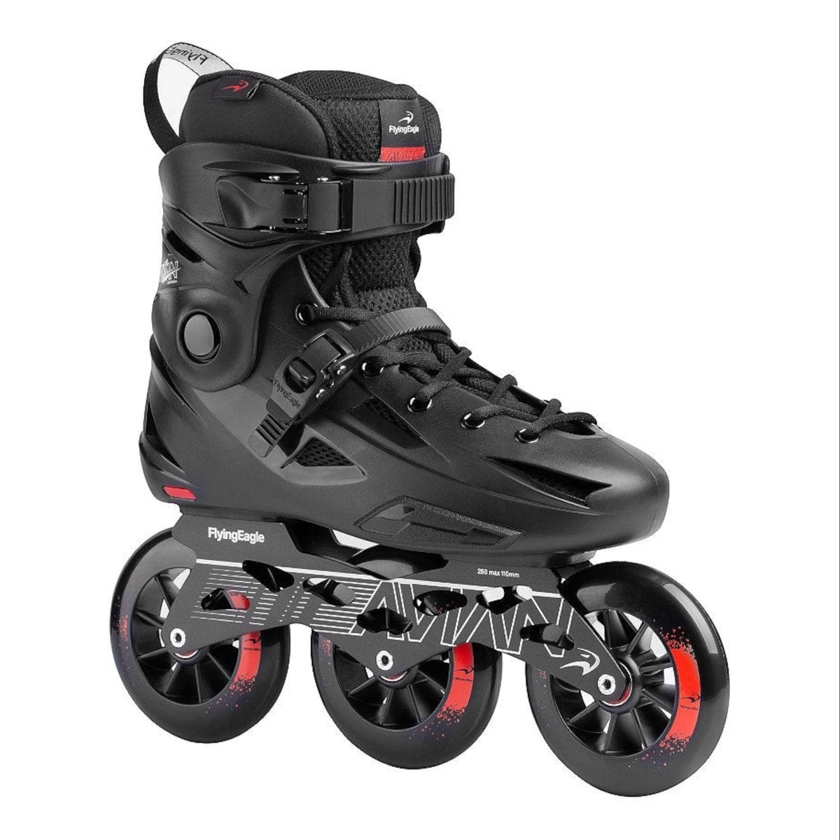 Patins KonRoller FlyingEagle Avian T110 preto com três rodas de 110mm, bota rígida e base de alumínio para patinação urbana.