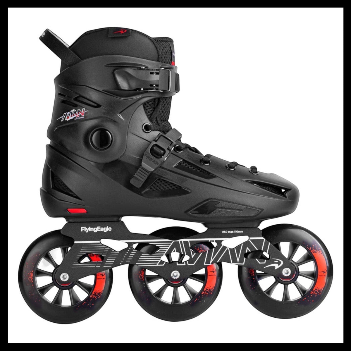 Patins KonRoller FlyingEagle Avian T110 preto com três rodas de 110mm, hardboot resistente e base de alumínio CNC.