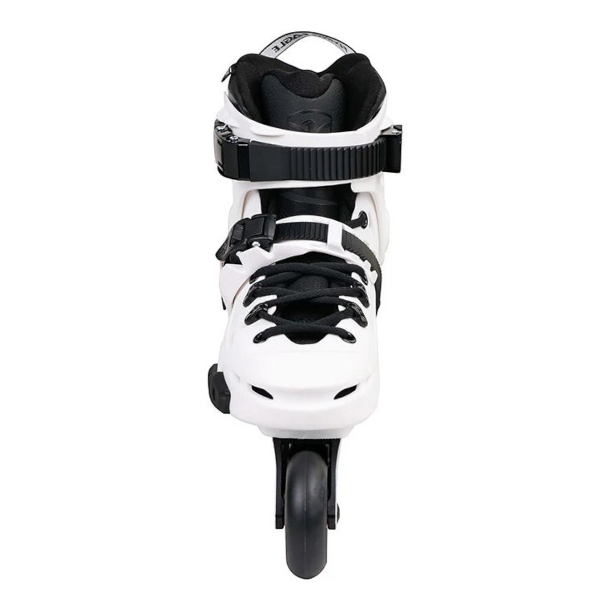 Patins KonRoller FlyingEagle Falcon Pro F6S branco com bota rígida, fivelas pretas e base de alumínio para slalom.