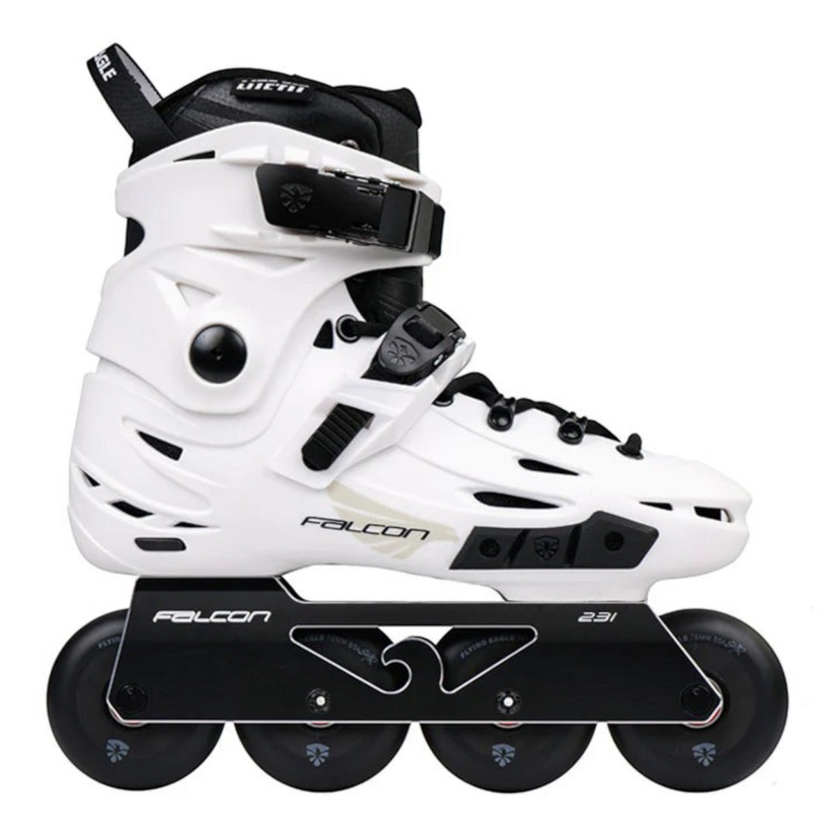 Patins KonRoller FlyingEagle Falcon Pro F6S branco com bota rígida, base de alumínio preta e rodas de alta performance.