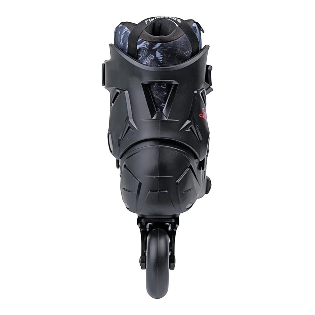 Patins inline FlyingEagle Shrike X3 2026 preto, vista traseira mostrando o hardboot resistente e o liner acolchoado.