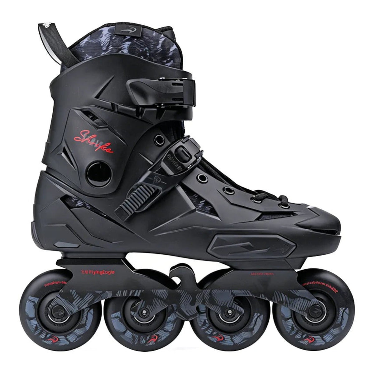 Patins inline KonRoller FlyingEagle Shrike X3 2026 preto com hardboot, base de alumínio e rodas de alta performance.
