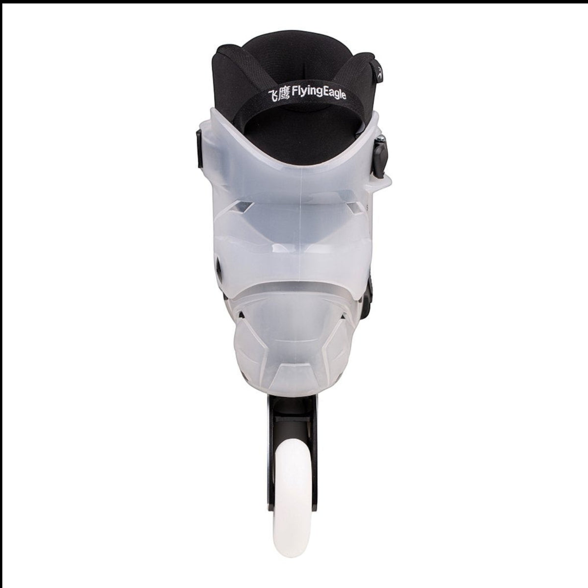 Patins KonRoller FlyingEagle Shrike Pro X5 Black Cloud com bota rígida semitransparente e liner preto, vista traseira.