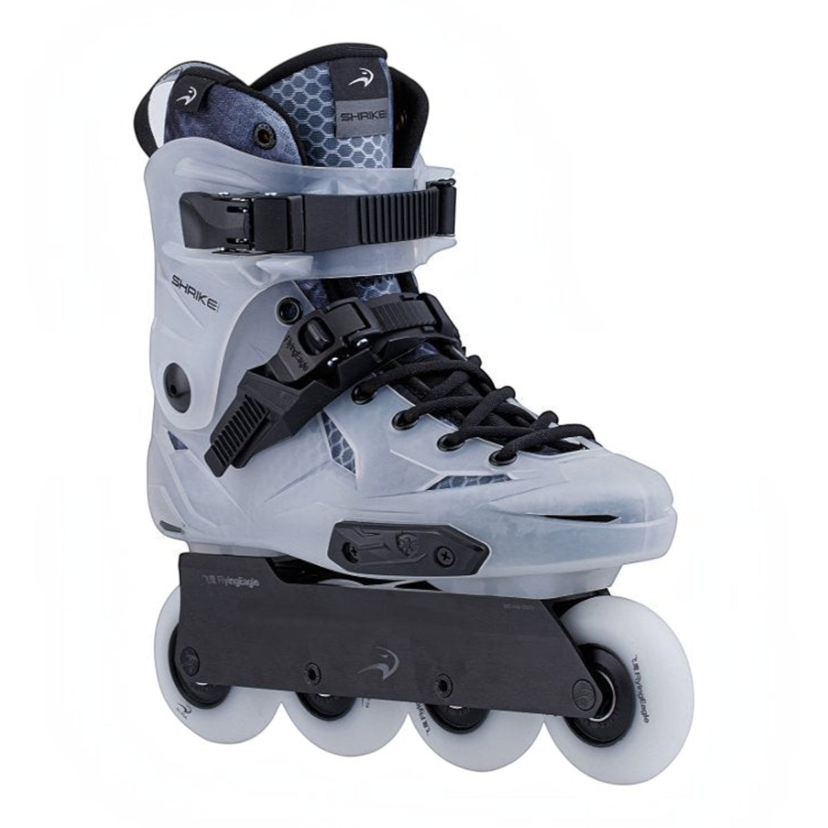 Patins KonRoller FlyingEagle Shrike Pro X5 Black Cloud com bota rígida semitransparente e base de alumínio preta.