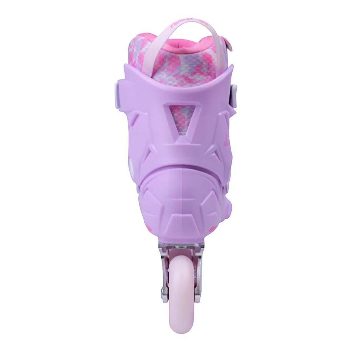 Patins inline KonRoller FlyingEagle X3 Shrike na cor mauve, vista traseira mostrando o hardboot e o liner estampado.