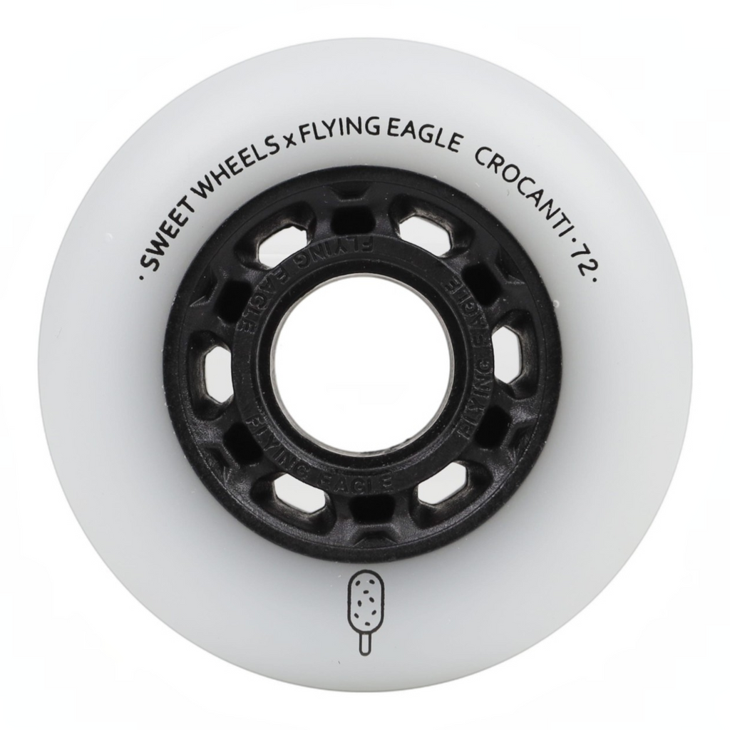 Roda de patins branca KonRoller FlyingEagle Crocanti com núcleo preto e perfil bullet para patinação urbana