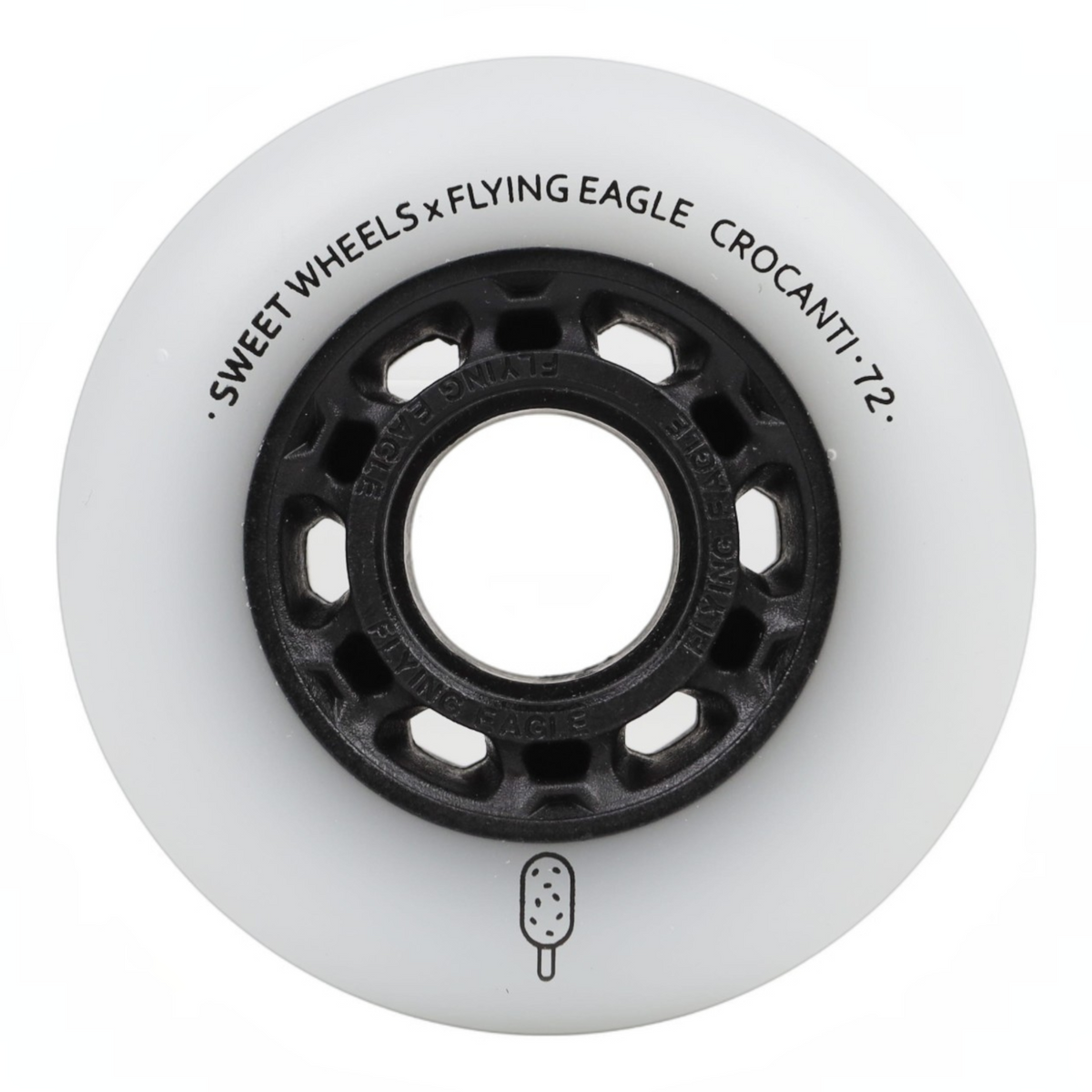 Roda de patins branca KonRoller FlyingEagle Crocanti com núcleo preto e perfil bullet para patinação urbana