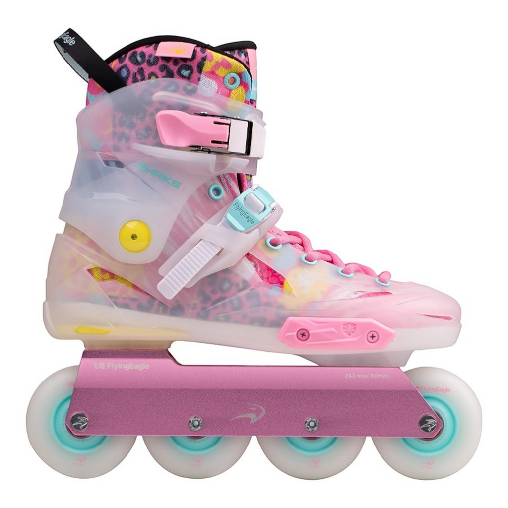 Patins KonRoller FlyingEagle Shrike Pro X5 Funky Rosa com bota rígida semitransparente e base de alumínio rosa