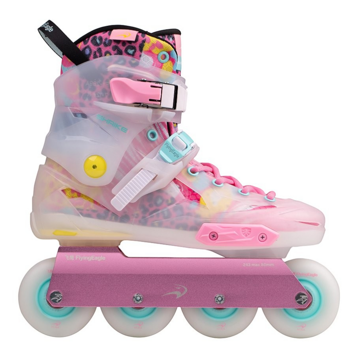 Patins KonRoller FlyingEagle Shrike Pro X5 Funky Rosa com bota rígida semitransparente e base de alumínio rosa