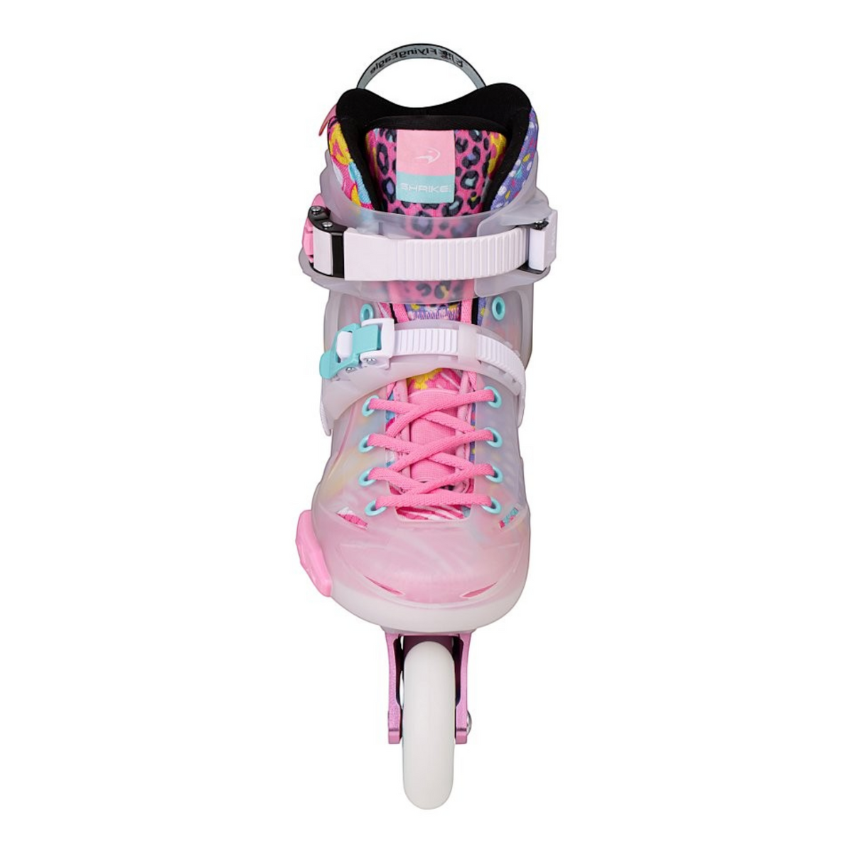 Detalhe da base CORE de alumínio e rodas SHR 85A do Patins FlyingEagle Shrike Pro X5 Funky Rosa